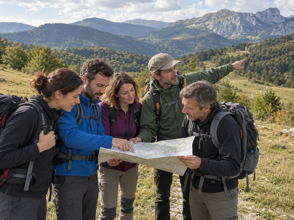 Immagine illustrativa di un gruppo di adulti che collabora a un’attività di orientamento in montagna