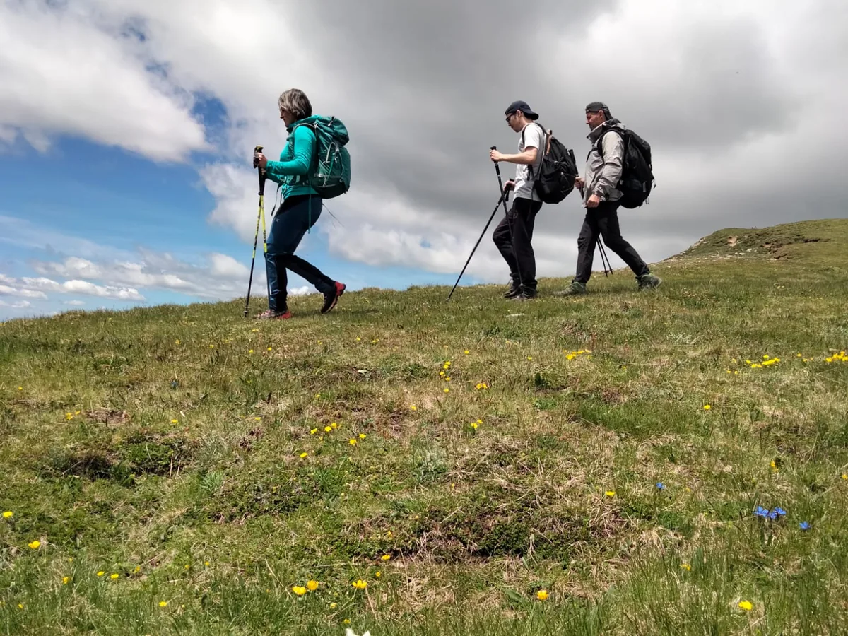 Tre escursionisti camminano su un prato di montagna