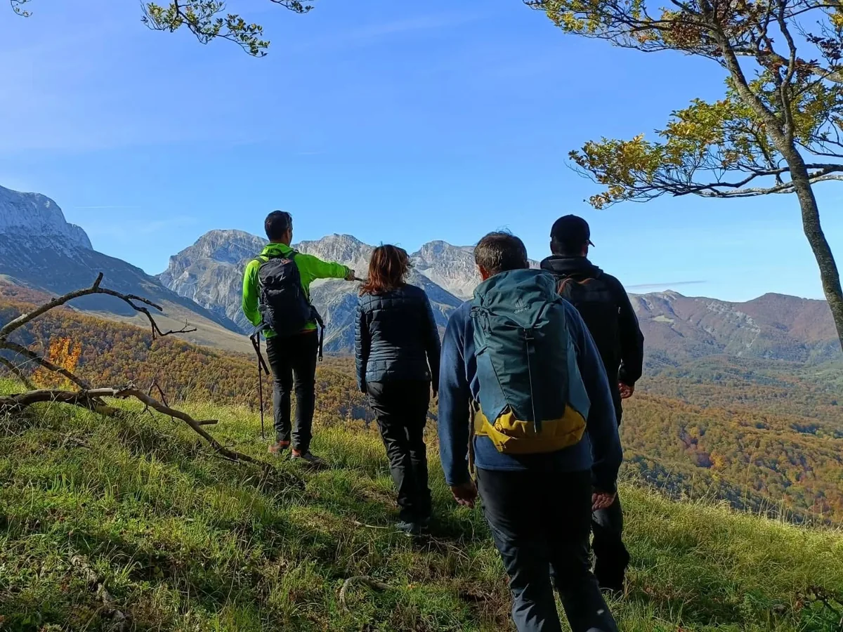 Un piccolo gruppo osserva il paesaggio mentre una persona indica le montagne
